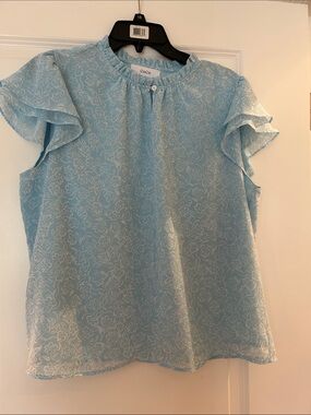 CeCe Sky Blue Floral Ruffle Sleeve Blouse